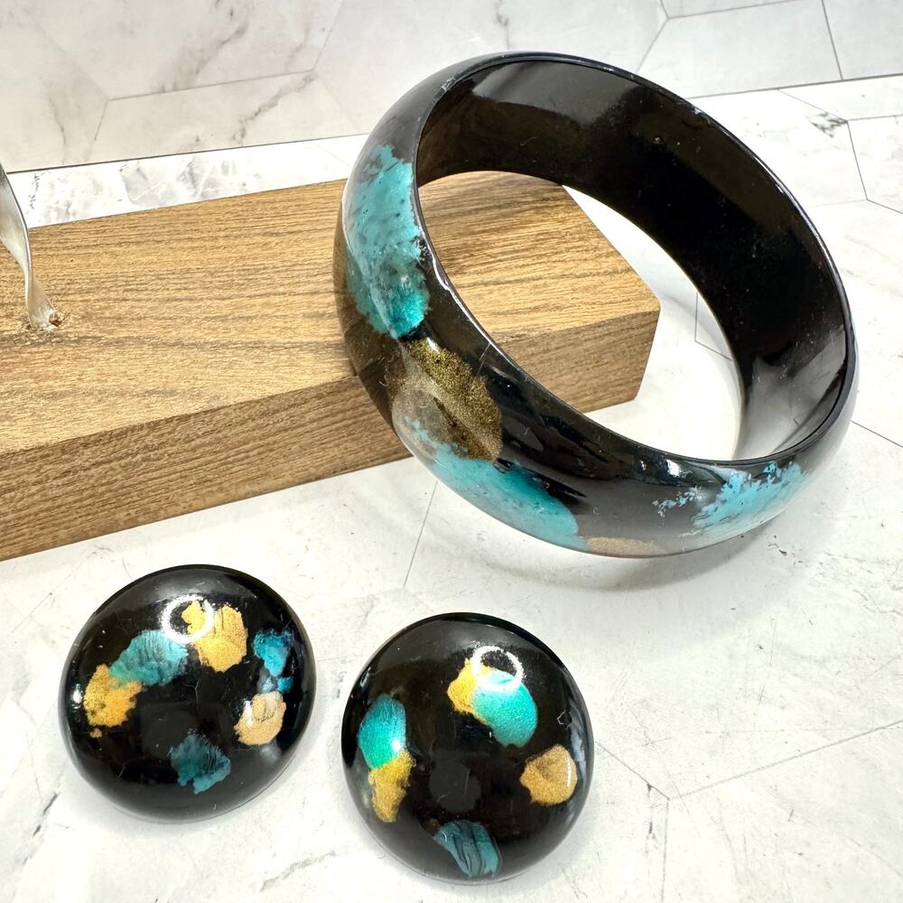 Vintage Lucite Bangle & Earrings Black Gold Turquoise Mod Pop Thick Chunky 60s